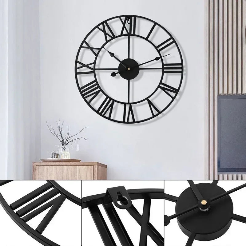 Nordic Metal Roman Numeral Wall Clock - Black Gold Outdoor